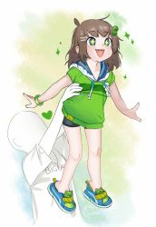 Rule 34 | 1boy, 1girl, age difference, ahoge, black legwear, black shorts, blue footwear, child, collared jacket, ears, english text, faceless, faceless male, fang, feet, fingernails, unworn footwear, freckles, frog, full body, girutea, green background, green footwear, green hoodie, green jacket, green wristband, hair ornament, height difference, highres, holding, hood, hoodie, indie virtual youtuber, jacket, knees, lifting person, lily hopkins, messy hair, open mouth, outstretched arms, shirt, shorts, simple background, source request, star-shaped pupils, star (symbol), symbol-shaped pupils, t-shirt, teeth, upper body, upper teeth only, velcro, velcro footwear, virtual youtuber, white background, white shirt, wristband