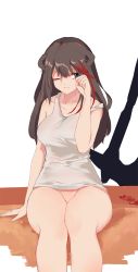 Rule 34 | 1girl, animal ears, arknights, axe, bear ears, blue eyes, bottomless, brown hair, feet out of frame, hand up, highres, inniyik, looking at viewer, multicolored hair, one eye closed, red hair, rubbing eyes, simple background, sitting, solo, strap slip, streaked hair, tank top, thighs, white background, zima (arknights)