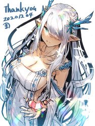 Rule 34 | 1girl, bare shoulders, blue flower, blue rose, breasts, cleavage, closed mouth, collarbone, dated, detached sleeves, dress, eyes visible through hair, flower, green eyes, hair over one eye, holding, large breasts, long hair, long sleeves, looking at viewer, original, pointy ears, rose, silver hair, simple background, smile, solo, thank you, very long hair, white background, white dress, white sleeves, wide sleeves, yuuji (yukimimi)