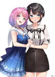 Rule 34 | 2girls, absurdres, ahoge, back bow, black hair, black nails, black ribbon, black skirt, blue bow, blue dress, blue eyes, blush, bow, bracelet, breasts, buttons, commentary, cowboy shot, crescent, crescent necklace, crown, dated, dress, fingernails, frilled dress, frilled shirt, frills, gradient hair, green eyes, hair ornament, hair ribbon, hairclip, heterochromia, highres, himemori luna, himemori luna (sundress), himemori luna (4th costume), holding hands, hololive, jewelry, looking at viewer, looking away, looking to the side, medium breasts, medium hair, mini crown, multicolored hair, multiple girls, nail polish, nanaushi, necklace, oozora subaru, open mouth, pink hair, pink nails, print dress, purple eyes, purple hair, ribbon, shirt, short hair, short sleeves, signature, simple background, skirt, sleeveless, sleeveless dress, star (symbol), star print, swept bangs, teeth, upper teeth only, virtual youtuber, white background, white ribbon, white shirt, zipper pull tab