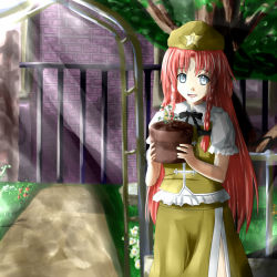 Rule 34 | 1girl, ao-shiba, beret, blue eyes, braid, chinese clothes, gate, hat, holding, hong meiling, long hair, neck ribbon, open mouth, outdoors, planter, red eyes, red hair, ribbon, short sleeves, smile, solo, star (symbol), touhou, tree, twin braids