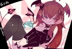Rule 34 | 1girl, ahoge, araka luto, black gloves, black thighhighs, butterfly hair ornament, commission, cup, demon girl, demon tail, drinking glass, ears visible through hair, gloves, hair ornament, half-closed eyes, head wings, long hair, massakasama, nipples, nude, pointy ears, prism project, pussy juice, pussy juice trail, red eyes, red hair, red wings, second-party source, shot glass, skeb commission, solo, tail, thighhighs, tongue, tongue out, virtual youtuber, wings