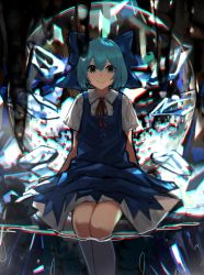Rule 34 | 1girl, absurdres, arm support, arms behind back, blue bow, blue dress, blue eyes, blue hair, blurry, bow, chromatic aberration, cirno, closed mouth, depth of field, dress, feet out of frame, hair between eyes, hair bow, highres, icicle, kurowa (curowa), light blush, looking at viewer, neck ribbon, pinafore dress, red ribbon, ribbon, short hair, short sleeves, sitting, sleeveless dress, smile, solo, touhou, wing collar