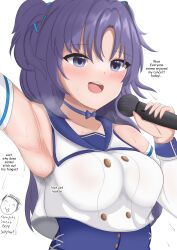 Rule 34 | 1girl, arm up, armpits, bare shoulders, blue archive, blush, highres, holding, holding microphone, microphone, mischievous straight uniform (blue archive), presenting armpit, ryzeon, sensei (blue archive), sleeveless, smile, stained clothes, steam, steaming body, sweat, sweaty clothes, yuuka (blue archive)