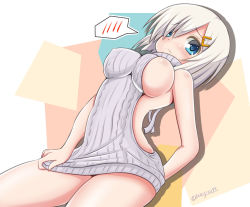 Rule 34 | 10s, 1girl, alternate costume, backless outfit, bare shoulders, blue eyes, breasts, cowboy shot, dress, dress tug, covered erect nipples, grey hair, hair ornament, hair over one eye, hairclip, halterneck, hamakaze (kancolle), kantai collection, large breasts, looking at viewer, meme attire, no bra, ribbed dress, sideboob, sitting, solo, spoken blush, sweater, tamayan, virgin killer sweater, wariza