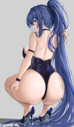 Rule 34 | 1girl, absurdly long hair, anti kumo, ass, azur lane, bare back, bare shoulders, blue eyes, blue footwear, blue hair, from behind, full body, grey background, high heels, highres, leotard, long hair, looking at viewer, looking back, new jersey (azur lane), new jersey (exhilarating steps!) (azur lane), official alternate costume, oversized breast cup, playboy bunny, shoes, simple background, solo, stiletto heels, strapless, strapless leotard, thong leotard, very long hair