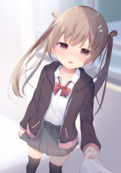 Rule 34 | 1girl, absurdres, bad id, bad pixiv id, black thighhighs, blurry, blurry background, blush, brown hair, brown jacket, collared shirt, commentary request, depth of field, dress shirt, dutch angle, fingernails, grey skirt, hair rings, highres, hood, hood down, hooded jacket, jacket, long hair, long sleeves, looking at viewer, open clothes, open jacket, open mouth, original, pleated skirt, red eyes, shirt, skirt, skirt hold, sleeves past wrists, solo, standing, thighhighs, tsuruse, twintails, very long hair, white shirt, wing hair ornament