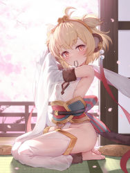 Rule 34 | 1girl, ahoge, andira (granblue fantasy), animal ears, arms up, barefoot, blush, breasts, closed mouth, commentary, detached leggings, detached sleeves, from side, full body, granblue fantasy, hair tie in mouth, hairband, highres, kimblee, leotard, long sleeves, looking at viewer, looking to the side, monkey ears, monkey tail, mouth hold, red eyes, seiza, short hair, sideboob, sitting, small breasts, smile, solo, tail, two side up, tying hair, white legwear, white leotard, yellow hairband