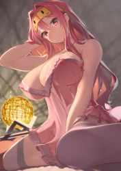Rule 34 | 1girl, arm behind head, arm up, azur lane, babydoll, bare shoulders, blush, breasts, bremerton (azur lane), cleavage, closed mouth, collarbone, eye mask, hayato rikin, highres, large breasts, long hair, looking at viewer, pink eyes, pink hair, sitting, smile, solo, thighhighs, thighs, wariza