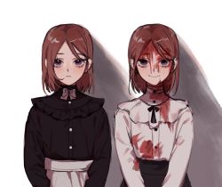 Rule 34 | 2girls, black ribbon, black shirt, blood, blood on clothes, blood on face, bob cut, bow, bowtie, brown hair, character request, closed mouth, empty eyes, identity v, looking at viewer, medium hair, multiple girls, neck ribbon, purple eyes, ribbon, shirt, siblings, sisters, smile, spoilers, twins, white background, white bow, white neckwear, white shirt, yp (pypy 5 )