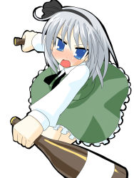 Rule 34 | 1girl, blue eyes, blush, dress, dual wielding, female focus, from above, green dress, holding, holding sword, holding weapon, hujikok, katana, konpaku youmu, looking at viewer, looking up, short hair, silver hair, simple background, solo, sword, touhou, weapon, white background