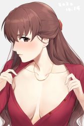 Rule 34 | 1girl, 2020, absurdres, blouse, breasts, brown eyes, brown hair, character request, cleavage, closed mouth, collarbone, dated, dress shirt, grey background, hair ornament, hattori toko, highres, idolmaster, idolmaster cinderella girls, jewelry, long hair, medium breasts, necklace, onao, open clothes, open shirt, profile, red shirt, shirt, solo, upper body, very long hair