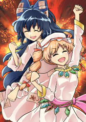 Rule 34 | 2girls, :d, ^ ^, alternate costume, bangle, blue hair, bow, bracelet, breasts, clenched hand, closed eyes, collarbone, commentary request, debt, dress, drill hair, futahane nizhao, gold, hair bow, happy, hat, highres, jewelry, light brown hair, long dress, long hair, long sleeves, mob cap, multiple girls, necklace, official alternate costume, open mouth, orange hair, pendant, purple sash, ring, sash, siblings, sisters, small breasts, smile, touhou, sunken fossil world, twin drills, white dress, yorigami jo&#039;on, yorigami shion