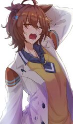 Rule 34 | 1girl, 82hanico, agnes tachyon (umamusume), ahoge, arm behind head, arm up, black necktie, brown hair, chemical structure, coat, collared shirt, earrings, hair between eyes, jewelry, lab coat, long sleeves, looking at viewer, messy hair, necktie, one eye closed, open mouth, pen, shirt, short hair, simple background, single earring, solo, sweater, umamusume, upper body, white background, white coat, yawning, yellow sweater