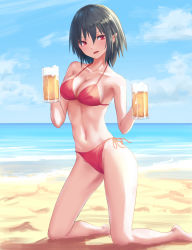 Rule 34 | 1girl, bare arms, bare legs, bare shoulders, barefoot, beach, beer mug, bikini, black hair, blue sky, blush, breasts, cloud, collarbone, commentary request, cup, day, hair between eyes, halterneck, hands up, highres, holding, holding cup, kneeling, looking at viewer, medium breasts, mug, navel, no headwear, no headwear, ocean, open mouth, outdoors, pointy ears, red bikini, red eyes, roke (taikodon), sand, shadow, shameimaru aya, short hair, side-tie bikini bottom, sky, smile, solo, stomach, swimsuit, thighs, touhou