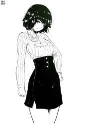 Rule 34 | 1girl, artist name, breasts, cowboy shot, fubuki (one-punch man), greyscale, hand on own hip, high-waist skirt, highres, light smile, medium breasts, meme attire, monochrome, norman maggot, one-punch man, open-chest sweater, ribbed sweater, short hair, skirt, solo, standing, sweater, white background