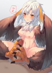 Rule 34 | 1boy, 1girl, animal collar, bird legs, blush, breasts, brown feathers, brown wings, censored, collar, commentary request, commission, cum, cum on body, cum on breasts, cum on upper body, eighth note, ejaculation, feather hair, feathered wings, feathers, footjob, hair between eyes, harpy, hetero, licking lips, long hair, mixed-language commentary, monster girl, musical note, navel, nipples, nude, original, penis, sasa onigiri, simple background, skeb commission, small breasts, spoken musical note, talons, tongue, tongue out, white background, white hair, winged arms, wings, yellow eyes
