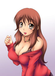 Rule 34 | 1girl, bra, breasts, brown eyes, brown hair, cleavage, collarbone, jewelry, lace, lace bra, large breasts, lingerie, lipstick, long hair, makeup, nail polish, necklace, off shoulder, onizuka takuto, original, shirt, solo, taut clothes, taut shirt, underwear