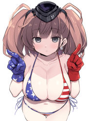 Rule 34 | 1girl, alternate costume, american flag bikini, american flag print, atlanta (kancolle), bare arms, bare shoulders, bikini, black hat, blue gloves, blush, breasts, brown hair, cleavage, collarbone, cowboy shot, earrings, flag print, garrison cap, gloves, grey eyes, halterneck, hat, index finger raised, jewelry, kantai collection, large breasts, long hair, looking at viewer, navel, odawara hakone, pointing, pointing up, print bikini, red gloves, simple background, single earring, skindentation, solo, star (symbol), star earrings, striped bikini, striped clothes, swimsuit, two side up, white background