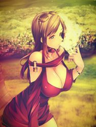 Rule 34 | 1girl, blowing smoke, bonkiru, breasts, brown hair, bush, check commentary, cleavage, collarbone, commentary request, dress, eyewear on head, grass, green eyes, highres, large breasts, lock, long hair, looking at viewer, neck ribbon, off shoulder, original, outdoors, padlock, parted lips, red dress, red ribbon, ribbon, short dress, sidelocks, solo, sunglasses, vaping, vaporizer
