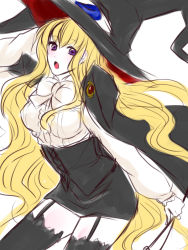 Rule 34 | 00s, 1girl, :o, asalovekiku, blonde hair, cape, corset, garter belt, garter straps, hat, leaning forward, lilith (yamibou), long hair, long sleeves, looking at viewer, open mouth, pencil skirt, purple eyes, simple background, sketch, skirt, solo, thighhighs, unfinished, very long hair, wavy hair, white background, witch hat, yami to boushi to hon no tabibito, zettai ryouiki