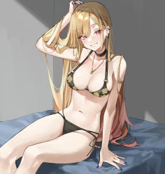 Rule 34 | 1girl, arm support, bad id, bad twitter id, bare arms, bare shoulders, bikini, black bikini, black choker, blonde hair, blue nails, breasts, buri (retty9349), choker, commentary, feet out of frame, grin, highres, indoors, jewelry, kitagawa marin, large breasts, long hair, looking at viewer, nail polish, navel, pendant, pink eyes, print bikini, smile, solo, sono bisque doll wa koi wo suru, stomach, swimsuit, thighs