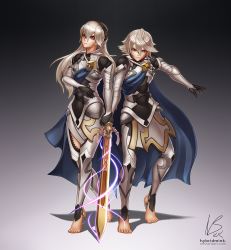 Rule 34 | 1boy, 1girl, armor, cape, corrin (female) (fire emblem), corrin (fire emblem), corrin (male) (fire emblem), dual persona, fire emblem, fire emblem fates, hybridmink, looking at viewer, nintendo, red eyes, silver hair, sword, weapon