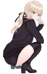 Rule 34 | 1girl, artoria pendragon (all), artoria pendragon (fate), black jacket, black ribbon, black shorts, black thighhighs, blonde hair, boots, candy, elbow on knee, elbow rest, fate (series), food, from side, full body, hair between eyes, hair ribbon, high heel boots, high heels, highres, holding, holding candy, holding food, holding lollipop, hood, hooded jacket, jacket, leather, leather boots, legs, lollipop, long hair, long sleeves, looking at viewer, looking back, meltymaple, official alternate costume, ponytail, ribbon, saber alter, saber alter (ver. shinjuku 1999) (fate), serious, short shorts, shorts, simple background, skindentation, solo, squatting, thigh boots, thighhighs, thighs, white background, yellow eyes