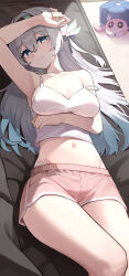 Rule 34 | + +, 1girl, absurdres, aqua eyes, aqua hair, arm up, armpits, bare arms, bare shoulders, black hairband, breasts, camisole, cat, cleavage, crop top, firefly (honkai: star rail), grey hair, hairband, highres, honkai: star rail, honkai (series), incredibly absurdres, long hair, looking at viewer, lying, march 7th (honkai: star rail), march 7th (ice cake) (honkai: star rail), medium breasts, midriff, navel, on back, pink shorts, piu47, short shorts, shorts, spaghetti strap, stomach, thighs, very long hair