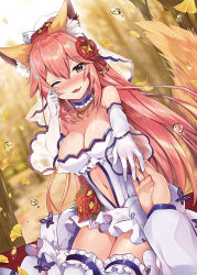 Rule 34 | 1girl, ;3, alternate hair length, alternate hairstyle, animal ear fluff, animal ears, autumn, autumn leaves, bare shoulders, blush, breasts, bridal veil, cleavage, clothing cutout, collarbone, detached sleeves, fang, fate (series), flower, fox ears, fox girl, fox tail, ginkgo tree, ginkgo leaf, hair ornament, large breasts, leaf, long hair, looking at viewer, navel, navel cutout, one eye closed, open mouth, outdoors, pink hair, sitting, solo, tail, tamamo (fate), tamamo no mae (fate/extra), tears, usagihime, veil, very long hair, wariza, yellow eyes