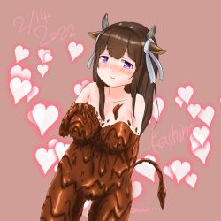 Rule 34 | 1girl, 2022, animal ears, azur lane, blush, breasts, brown hair, chocolate, chocolate covered, chocolate on body, cow ears, cow tail, eyebrows, eyelashes, food, food on body, hand on breast, heart, highres, horns, kashino (azur lane), looking at viewer, nipples, nude, purple eyes, pussy, ribbon, smile, solo, tail, taramin, valentine