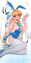 Rule 34 | 1girl, absurdres, animal ears, bare shoulders, blonde hair, blue archive, blue bow, blue bowtie, blue eyes, blue footwear, bow, bowtie, breasts, cleavage, closed mouth, detached collar, fake animal ears, halo, headset, highres, long hair, looking at viewer, medium breasts, movik, official alternate costume, rabbit ears, shoes, solo, star (symbol), thighhighs, toki (blue archive), toki (bunny) (blue archive), twitter username, white thighhighs