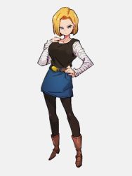 Rule 34 | 1girl, android 18, ankle boots, belt, belt buckle, black pantyhose, black shirt, blonde hair, blue eyes, blue skirt, boots, breasts, brown belt, brown footwear, buckle, collarbone, denim, denim skirt, dragon ball, dragonball z, expressionless, eyelashes, full body, grey background, hair behind ear, hand on own chest, hand on own hip, hand up, kemachiku, legs apart, long sleeves, looking at viewer, medium breasts, pantyhose, parted bangs, shirt, short hair, simple background, skirt, solo, straight hair, striped clothes, striped shirt, tsurime