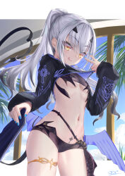 Rule 34 | 1girl, asobeco, bikini, black bikini, black jacket, breasts, cropped jacket, dragon wings, fate/grand order, fate (series), forked eyebrows, high ponytail, highres, jacket, licking lips, long hair, long sleeves, looking at viewer, melusine (fate), melusine (swimsuit ruler) (fate), melusine (swimsuit ruler) (first ascension) (fate), navel, pubic tattoo, shrug (clothing), sidelocks, small breasts, smile, solo, swimsuit, tail, tattoo, thighs, tongue, tongue out, white hair, wings, yellow eyes