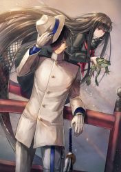 Rule 34 | 1boy, 1girl, against railing, black hair, commentary request, dress, fate/grand order, fate (series), floating, frog, gloves, hat, hat tip, highres, holding, holding clothes, holding hat, katana, kuroi susumu, long dress, long hair, military, military uniform, naval uniform, oryou (fate), railing, red eyes, sailor dress, sakamoto ryouma (fate), sword, uniform, very long hair, weapon, white gloves, white hat