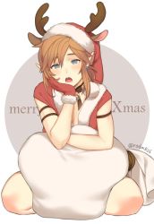 Rule 34 | 1boy, antlers, bad id, bad twitter id, blue eyes, christmas, earrings, fur-trimmed gloves, fur-trimmed headwear, fur trim, gloves, hat, head rest, horns, jewelry, link, male focus, merry christmas, nintendo, open mouth, pointy ears, pom pom (clothes), red gloves, roda (roda826), sack, santa hat, sitting, solo, the legend of zelda, the legend of zelda: breath of the wild, twitter username