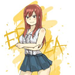 Rule 34 | 1girl, character name, crossed arms, erinan, erza scarlet, fairy tail, long hair, pleated skirt, red hair, skirt, solo, yellow background