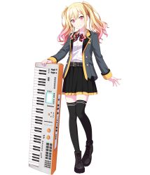 Rule 34 | 1girl, belt, black bow, black bowtie, black skirt, black thighhighs, blonde hair, bow, bowtie, full body, gradient hair, grey jacket, highres, holding, holding instrument, instrument, jacket, keyboard (instrument), looking at viewer, multicolored bowtie, multicolored hair, non-web source, official art, pink eyes, pink hair, pleated skirt, project sekai, red bow, red bowtie, shirt, skirt, smile, solo, striped bow, striped bowtie, striped clothes, tachi-e, tenma saki, thighhighs, transparent background, twintails, white shirt