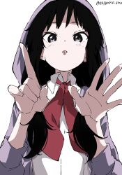 Rule 34 | 1girl, absurdres, akiyama mio, black eyes, black hair, closed mouth, collared shirt, commentary request, highres, hood, hood up, hooded jacket, jacket, k-on!, long hair, long sleeves, looking at viewer, necktie, no thank you! (k-on!), official alternate costume, purple jacket, red necktie, school uniform, shirt, simple background, solo, tongue, tongue out, upper body, white background, white gorilla (okamoto), white shirt