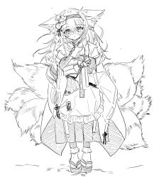 Rule 34 | 1girl, animal ear fluff, animal ears, apron, arknights, blush, bobby socks, coin purse, commentary request, fox ears, fox girl, fox tail, frilled apron, frills, full body, greyscale, hair between eyes, hair ornament, hairband, hakama, hakama skirt, hand up, highres, japanese clothes, kimono, kitsune, kyuubi, long hair, long skirt, long sleeves, looking at viewer, monochrome, multiple tails, n4jikai, nose blush, obi, official alternate costume, okobo, parted lips, pinwheel, platform footwear, pleated skirt, sandals, sash, simple background, skirt, socks, solo, standing, suzuran (arknights), suzuran (yukibare) (arknights), tail, waist apron, wide sleeves