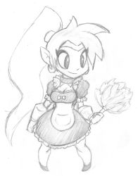 Rule 34 | 1girl, breasts, cleavage, earrings, highres, jewelry, maid, monochrome, pointy ears, ponytail, shantae, shantae (series), traditional media