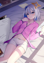 Rule 34 | 1girl, absurdres, amane kanata, blue eyes, blue hair, bob cut, book, closed mouth, collarbone, colored inner hair, halo, highres, hololive, long sleeves, looking at viewer, lying, multicolored hair, navel, on back, pajamas, panties, pillow, pillow (blackpirou), pink pajamas, short hair, short shorts, shorts, silver hair, single hair intake, solo, star halo, two-tone hair, underwear, virtual youtuber, white panties