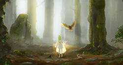 Rule 34 | 1girl, absurdres, bird, cat, ceres fauna, clover (ceres fauna), dress, forest, green hair, hair ornament, highres, hololive, hololive english, long sleeves, nature, owl, snail (ceres fauna), sunlight, toren 2p2t, virtual youtuber