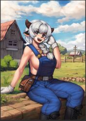 Rule 34 | 1girl, animal ears, barn, bell, belt, black footwear, blue eyes, blue overalls, blue sky, blush, boots, braid, braided ponytail, breasts, brick wall, brown belt, brown horns, cleavage, cloud, commentary, cow ears, cow girl, cow horns, cross-laced footwear, day, english commentary, farm, feet out of frame, gloves, grass, hair over shoulder, hand in own hair, highres, horns, jingle bell, large breasts, long hair, looking at viewer, medium bangs, nandi (puchirisu), neck bell, open mouth, original, outdoors, overalls, pouch, puchirisu, sideboob, sitting, sky, smile, solo, utility pole, white gloves, white hair