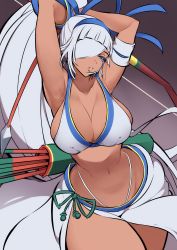 Rule 34 | 1girl, armpits, arms up, arrow (projectile), bandage over one eye, blue eyes, blue gloves, blue hairband, blunt bangs, bow (weapon), breasts, cleavage, commentary request, dark-skinned female, dark skin, gloves, gradient background, hairband, highres, holding, holding bow (weapon), holding weapon, large breasts, long hair, looking at viewer, majikina mina, nac000, navel, open mouth, partially fingerless gloves, partly fingerless gloves, ponytail, samurai spirits, sarong, single glove, solo, stomach, very long hair, weapon, white hair, yugake
