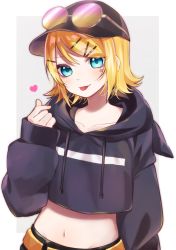 Rule 34 | 1girl, baseball cap, black sweater, blonde hair, blue eyes, collarbone, crop top, eyewear on headwear, hair between eyes, hair ornament, hairclip, hat, highres, hood, hood down, hooded sweater, kagamine rin, long sleeves, midriff, navel, short hair, simple background, sleeves past wrists, solo, soramame pikuto, standing, stomach, sweater, swept bangs, tongue, tongue out, vocaloid, white background