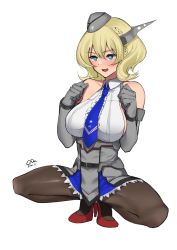 Rule 34 | 1girl, absurdres, black pantyhose, blonde hair, blue eyes, blue necktie, blush, braid, breasts, c-da, colorado (kancolle), commentary request, dress, elbow gloves, full body, garrison cap, gloves, grey dress, grey gloves, grey hat, hat, headgear, heart, heart-shaped pupils, high heels, highres, kantai collection, large breasts, looking away, necktie, open mouth, pantyhose, red footwear, shirt, short hair, side braids, sideboob, sleeveless, solo, spread legs, squatting, symbol-shaped pupils, white background, white shirt