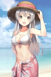Rule 34 | 10s, 1girl, :d, adapted costume, arm behind back, arm up, beach, bikini, breasts, cleavage, cloud, cloudy sky, collarbone, cowboy shot, day, floral print, front-tie bikini top, front-tie top, hand on headwear, hat, hat ribbon, highres, horizon, isegawa yasutaka, kantai collection, long hair, looking at viewer, medium breasts, navel, ocean, open mouth, outdoors, ribbon, sarong, shoukaku (kancolle), sky, smile, solo, standing, straw hat, swimsuit, water, white bikini, white hair, yellow eyes