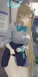 Rule 34 | 1girl, absurdres, asuna (blue archive), blue archive, blue eyes, bow, bowtie, breasts, collared shirt, hair over one eye, hair ribbon, halo, highres, large breasts, light brown hair, long bangs, long hair, long sleeves, looking at viewer, pleated skirt, rain, ribbon, scrunchie, seya (sseya33), shirt, skirt, smile, solo, thighs, wet, wet clothes, wet skirt, wrist scrunchie