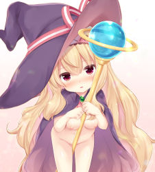 Rule 34 | 1girl, between breasts, between legs, blonde hair, blush, breasts, brown background, cape, commentary request, gradient background, groin, hair between eyes, hat, highres, leaning forward, little witch nobeta, long hair, looking at viewer, naked cape, navel, nipples, nobeta, nose blush, orb, parted lips, purple cape, purple hat, red eyes, shizukawashi sumi, small breasts, solo, staff, very long hair, white background, witch, witch hat